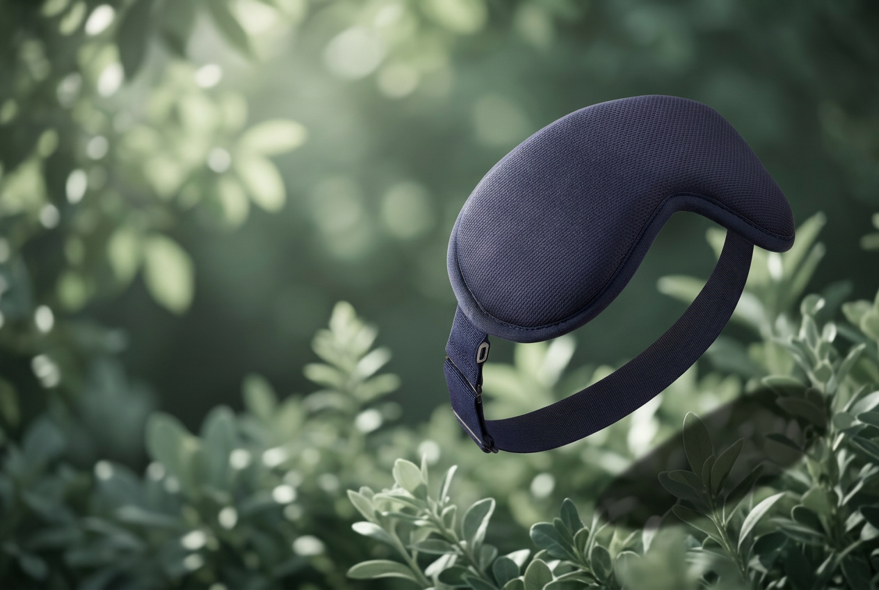 Masque chauffant Bewey flottant sur fond de jardin vert